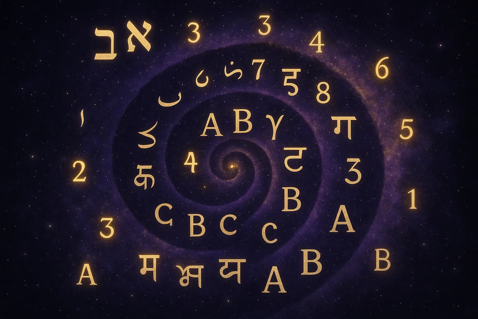 Different alphabets arranged in a cosmic spiral showing number assignments