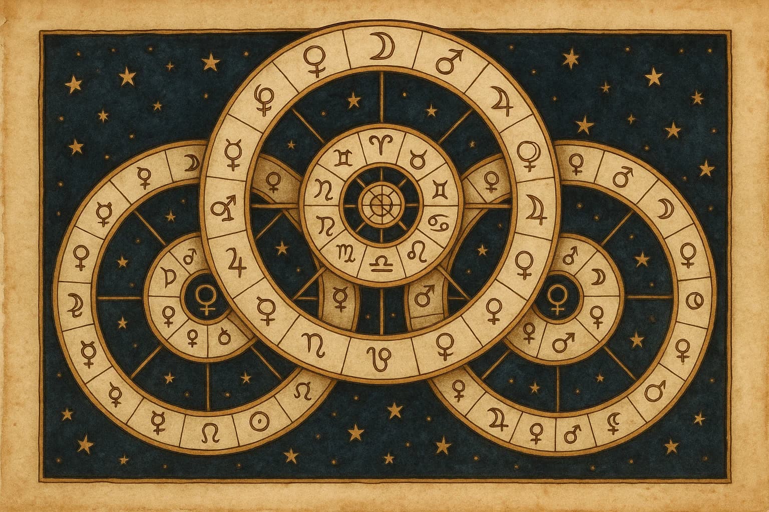 Comparison diagram of three predictive astrology techniques: transits, progressions, and solar arc