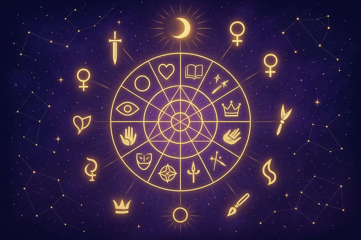 Birth chart wheel with the 12 Jungian archetype symbols radiating from planetary positions