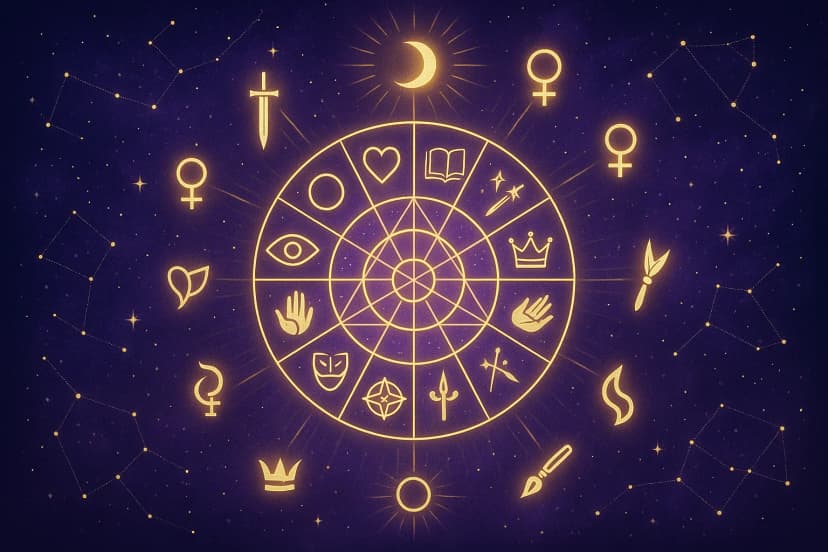 Birth chart wheel with the 12 Jungian archetype symbols radiating from planetary positions